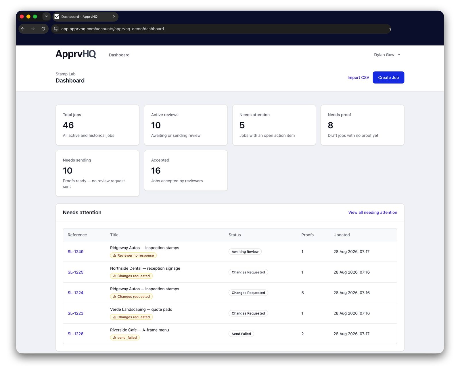 The ApprvHQ dashboard showing jobs across statuses — awaiting review, changes requested, accepted