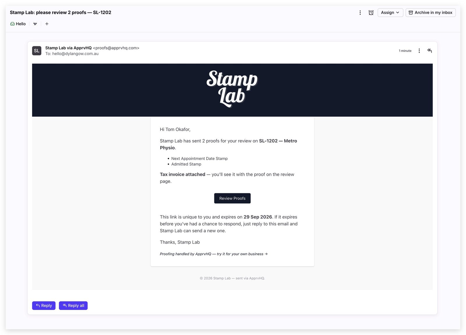 The branded review-request email a customer receives, sent on the shop's behalf with a Review Proofs button