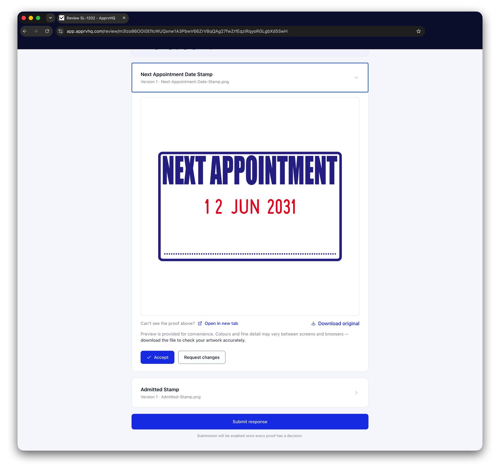 A customer's approval page in ApprvHQ — the proof shown with Accept and Request changes buttons, no login required